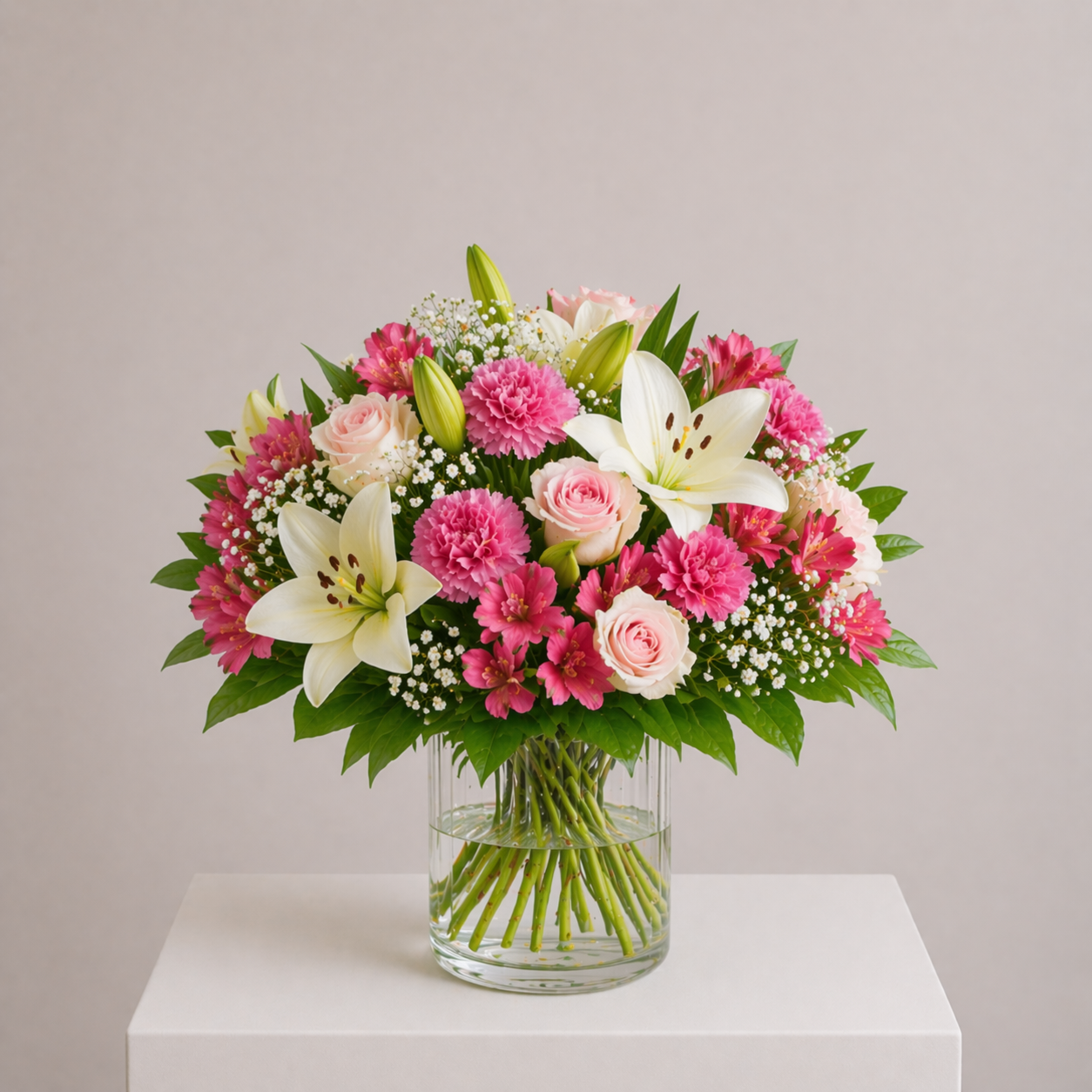 Heller Blumenstrauß mit Lilien, Nelken, Inkalilien und Schleierkraut