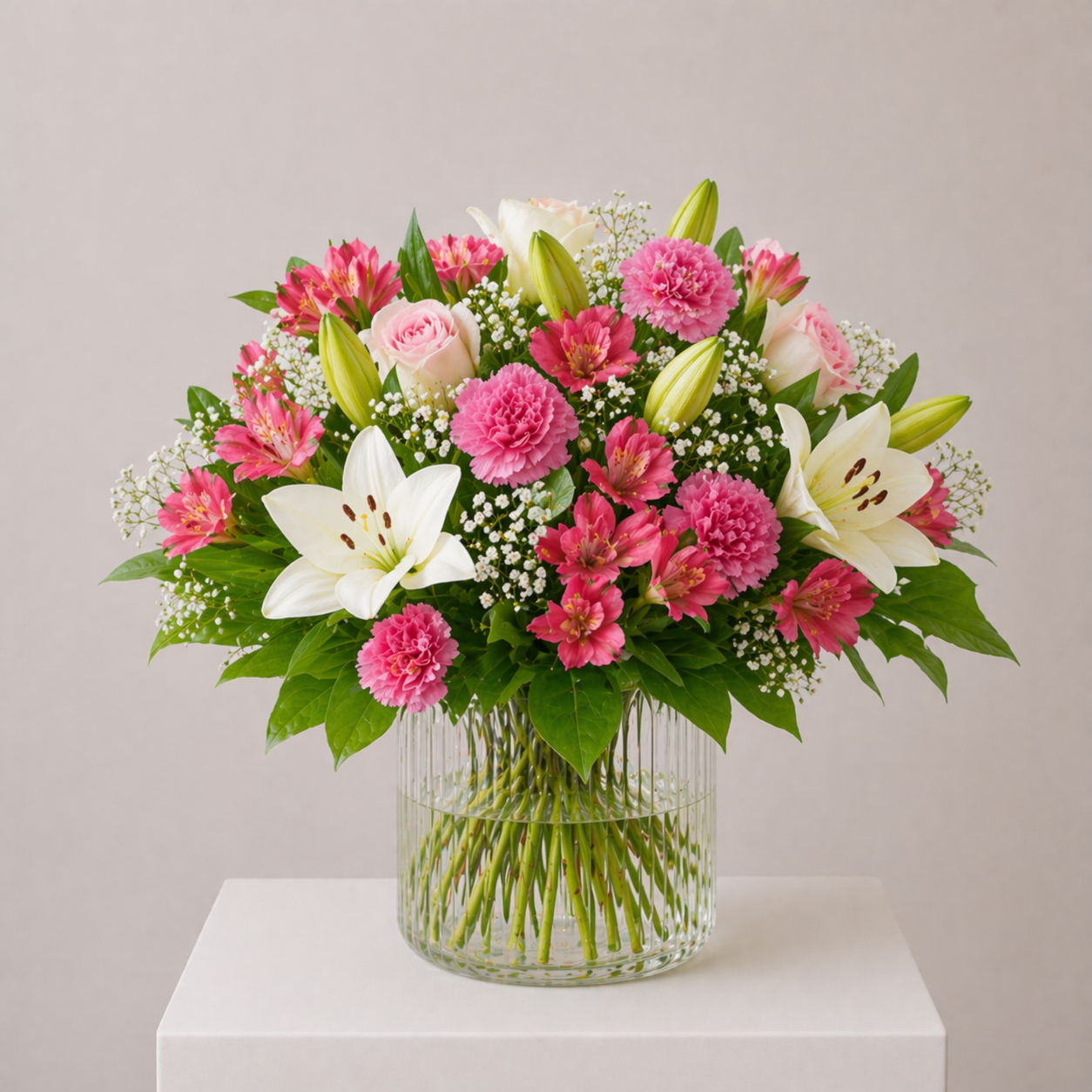 Heller Blumenstrauß mit Lilien, Nelken, Inkalilien und Schleierkraut