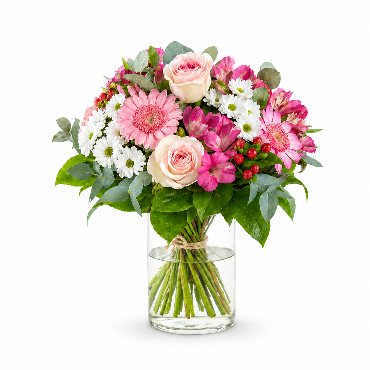 Rosa-weißer Blumenstrauß mit Rosen, Chrysanthemen und Gerbera