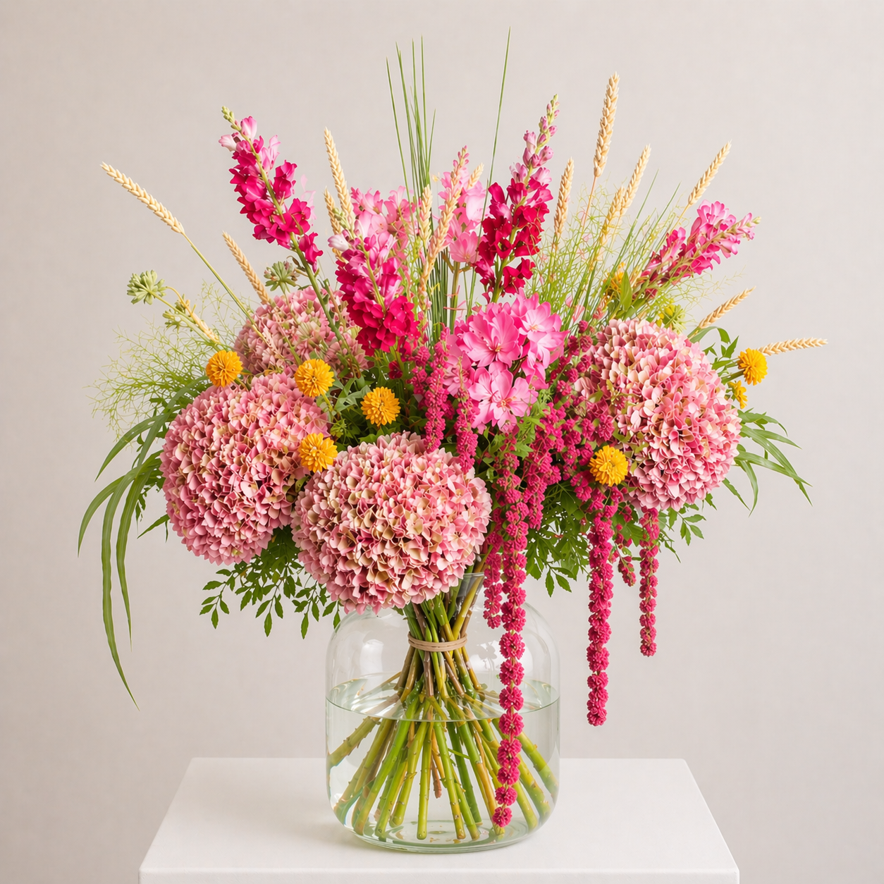 Warmer Blumenstrauß mit Hortensien, Gladiolen und Amaranthus