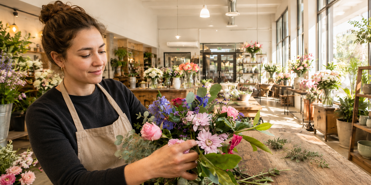 Floristin von The Rosarium bei der Arbeit an einem Blumenstrauß in Frankfurt